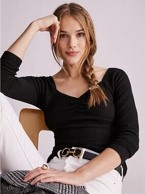 Anthropologie Maeve Black Textured Sweetheart Top Long Sleeve Going Out Medium